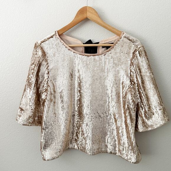 J. CREW | Bianca Rose Gold Sequined Top Black ribbon Bow Back Blouse  | Size 8 - Picture 4 of 9